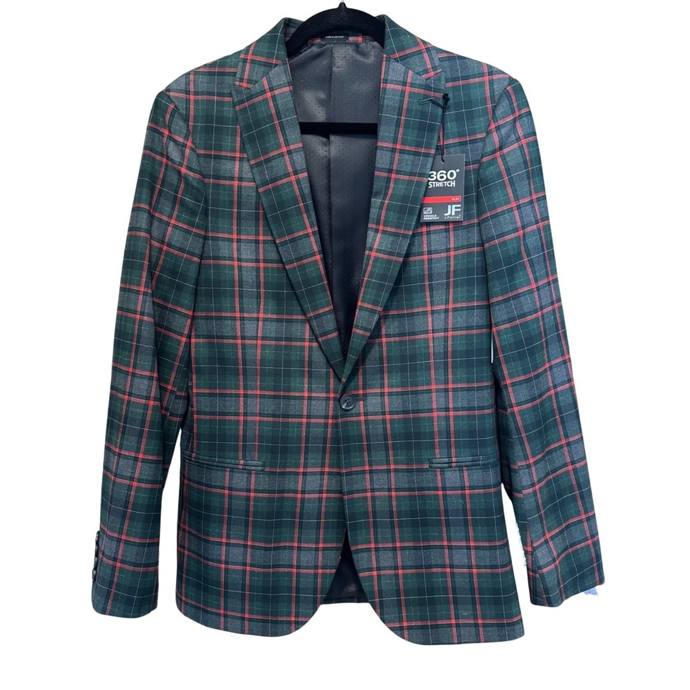 NWT J Ferrar Mens Green Red Tartan Plaid Slim Blazer Jacket 360 Stretch M 38/40R